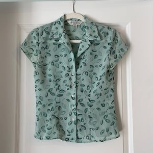 Sheer leaf print button up blouse, petite